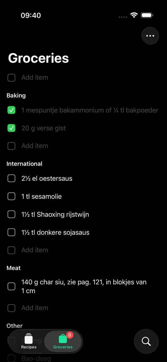 Grocery list with checkable items