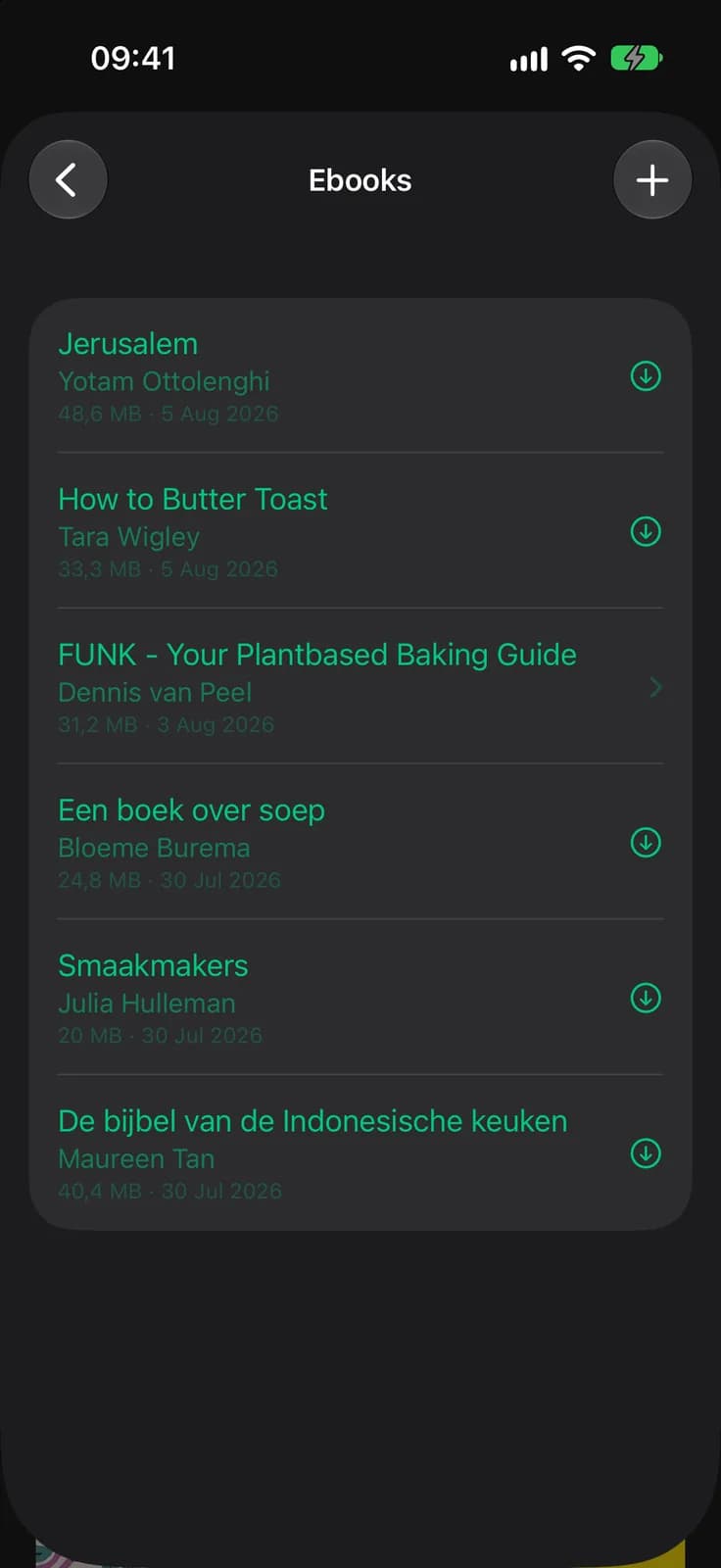 The Ebooks screen in CookCook, listing the ePub cookbooks on this device