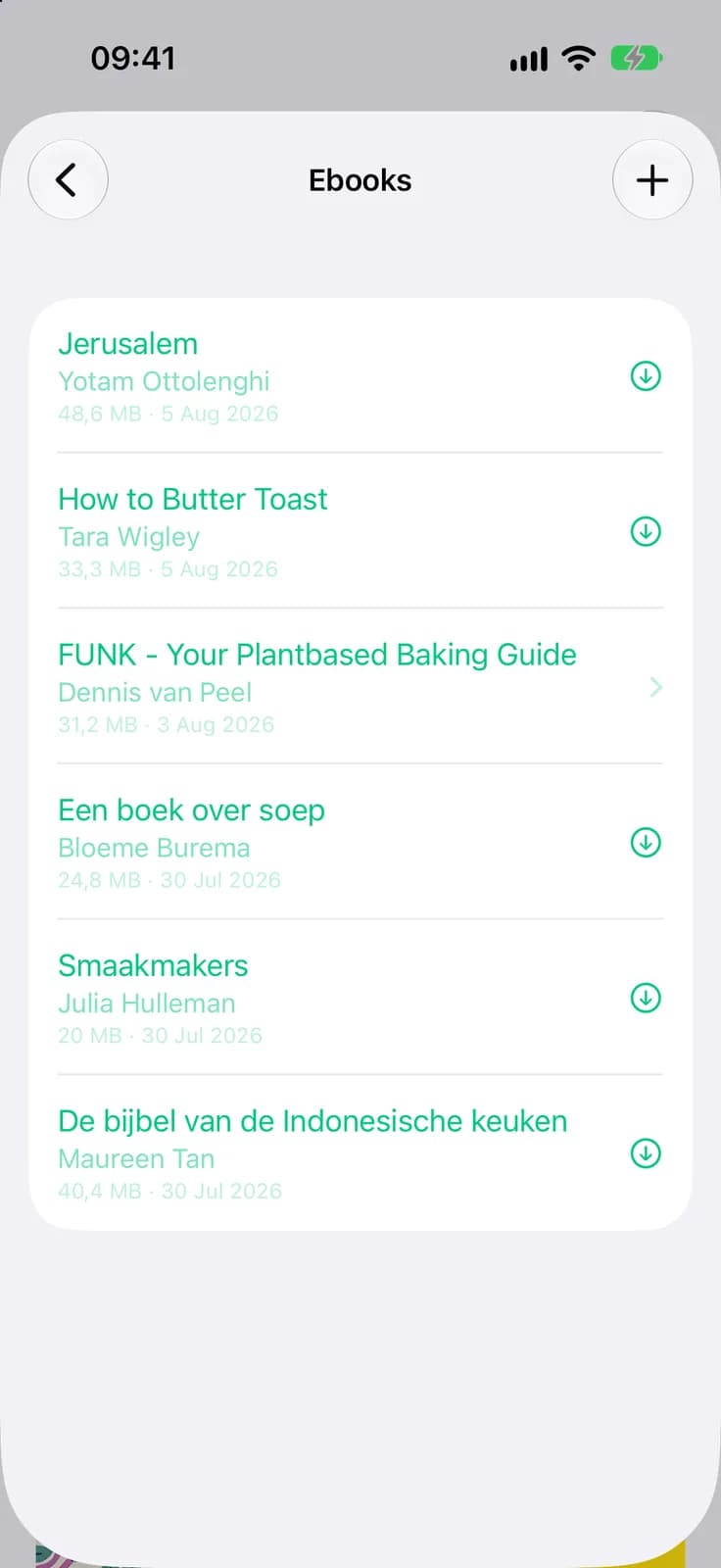 The Ebooks screen in CookCook, listing the ePub cookbooks on this device