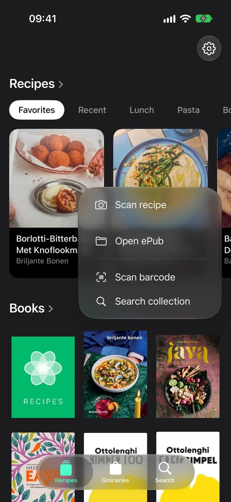 The add menu in the CookCook library, with Open ePub alongside Scan recipe and Scan barcode