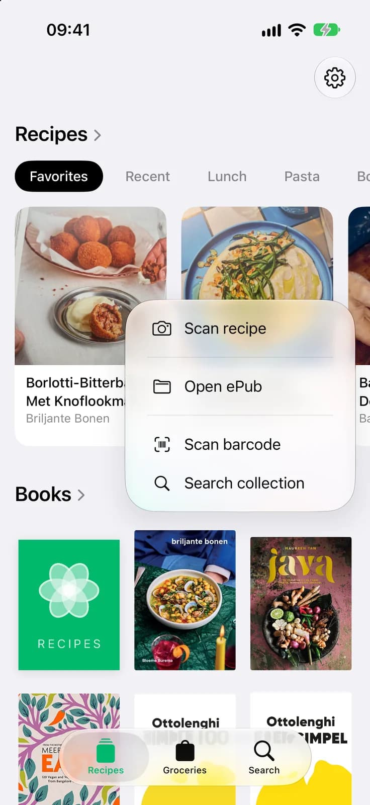 The add menu in the CookCook library, with Open ePub alongside Scan recipe and Scan barcode