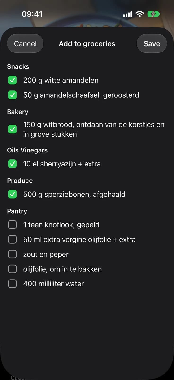 Adding a recipe’s ingredients to the grocery list, grouped by supermarket aisle