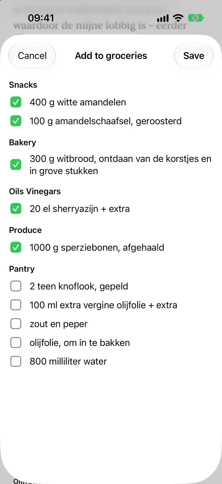 Adding a recipe’s ingredients to the grocery list, grouped by supermarket aisle