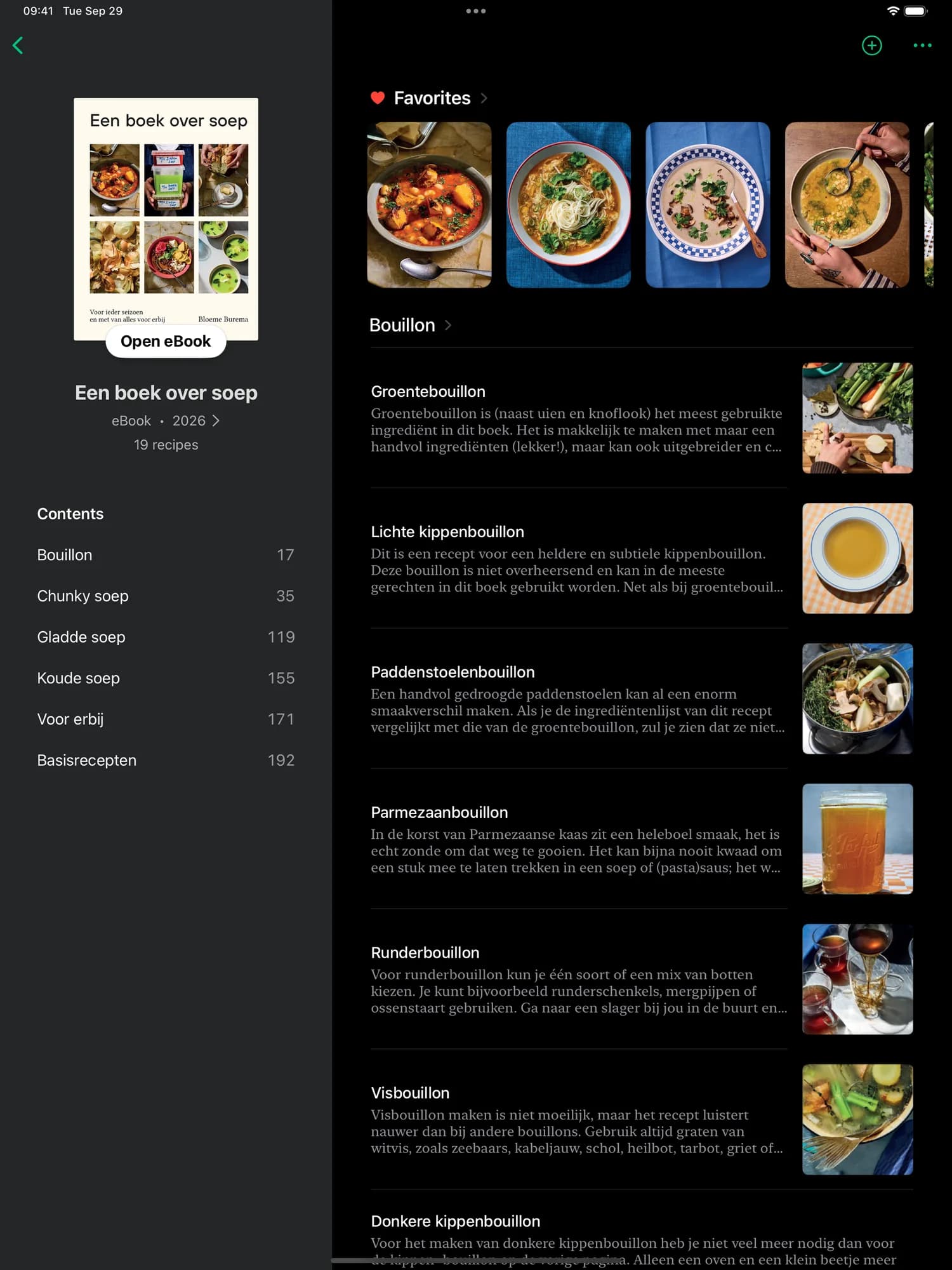 Bakkerij Funk on iPad, with its cover, chapters, favourite recipes and an Open eBook button