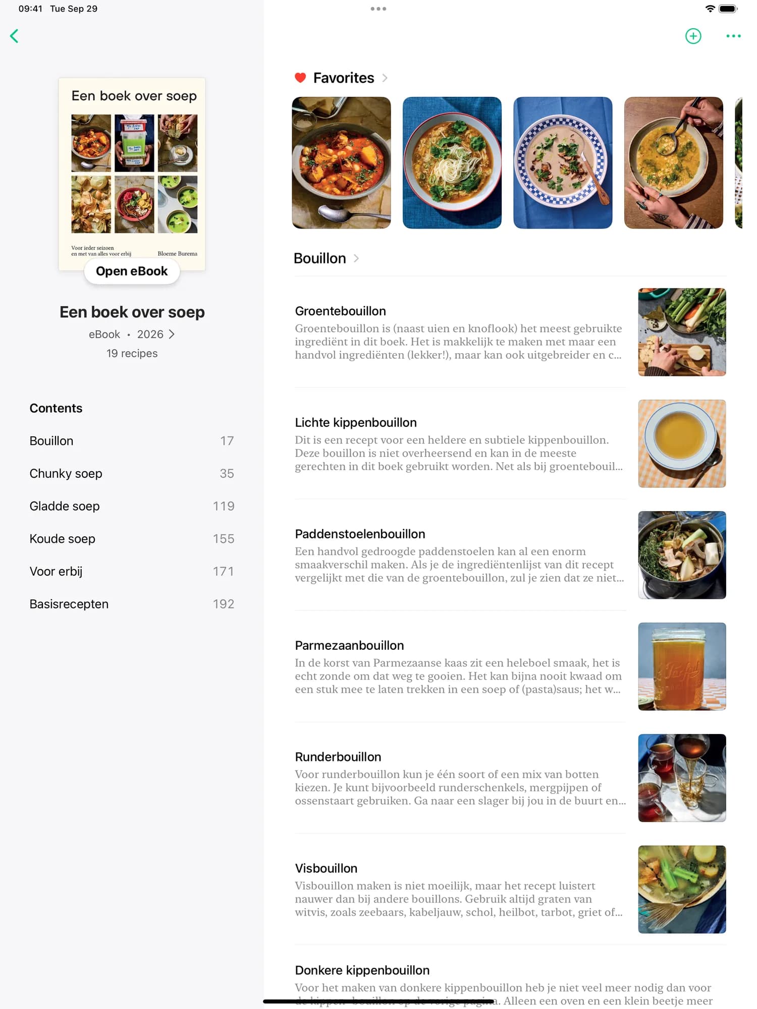 Bakkerij Funk on iPad, with its cover, chapters, favourite recipes and an Open eBook button