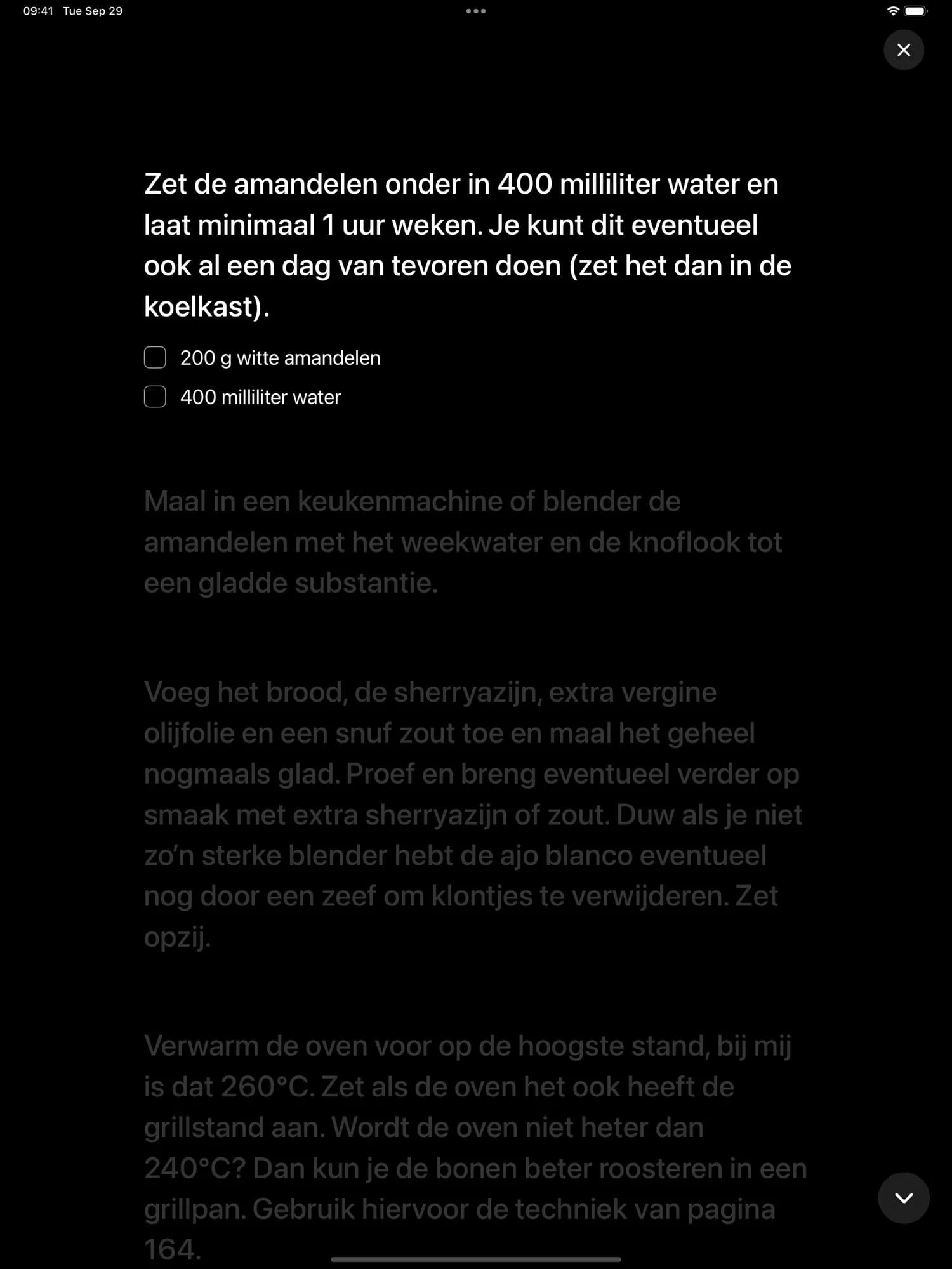 Cooking mode on iPad, showing the current step in large type with its ingredients as a checklist