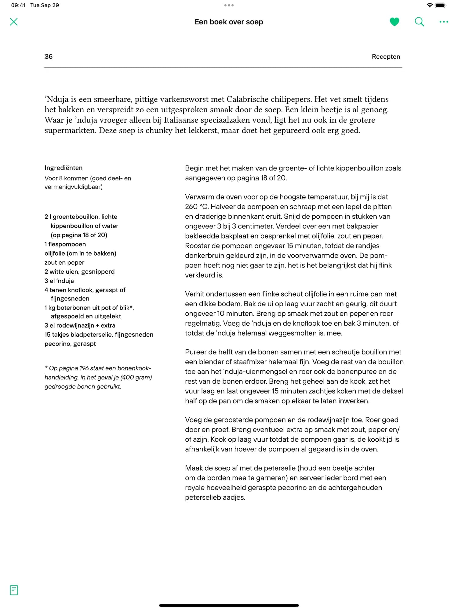 A page of Een boek over soep open in the CookCook reader on iPad, with a Capture recipe button
