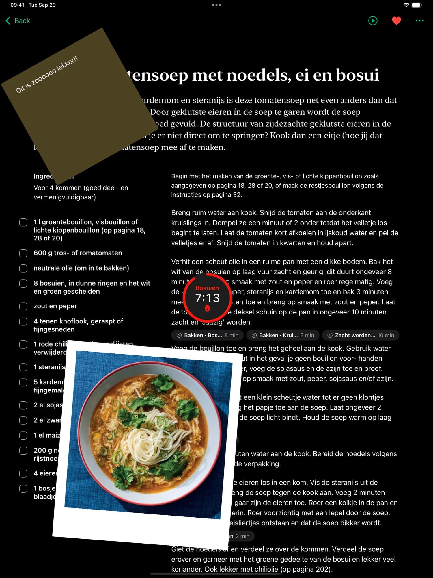 A tomato soup recipe on iPad with a sticky note, the dish photo pinned to the page and a timer running, next to the same recipe on iPhone