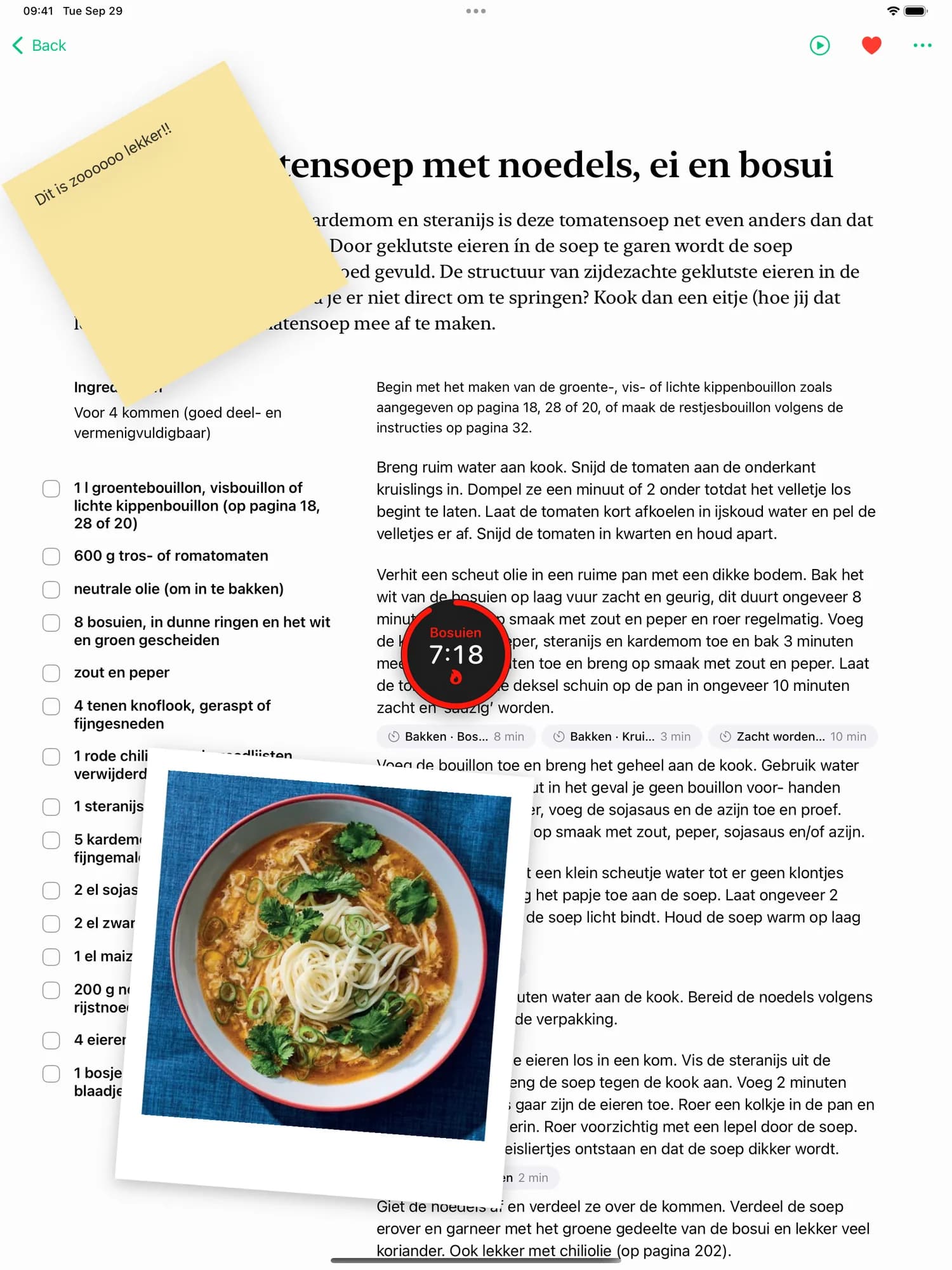 A tomato soup recipe on iPad with a sticky note, the dish photo pinned to the page and a timer running, next to the same recipe on iPhone