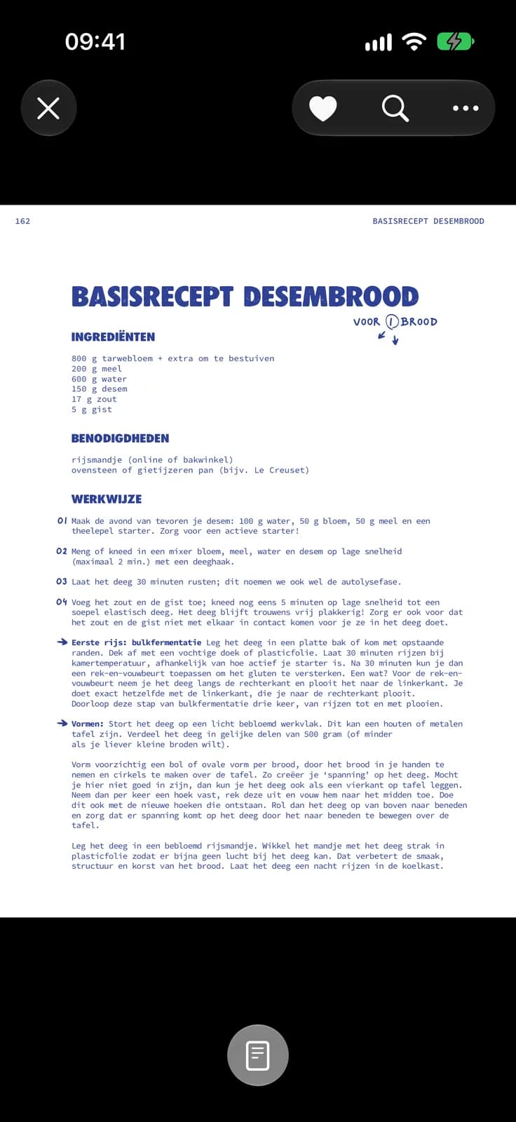 The original cookbook page for a sourdough bread recipe, shown as printed