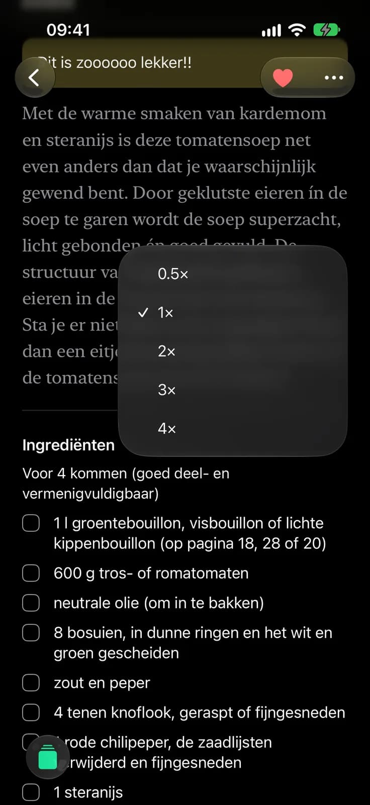 The scale menu open over a soup recipe’s ingredients, offering half, one, two, three or four times the amounts