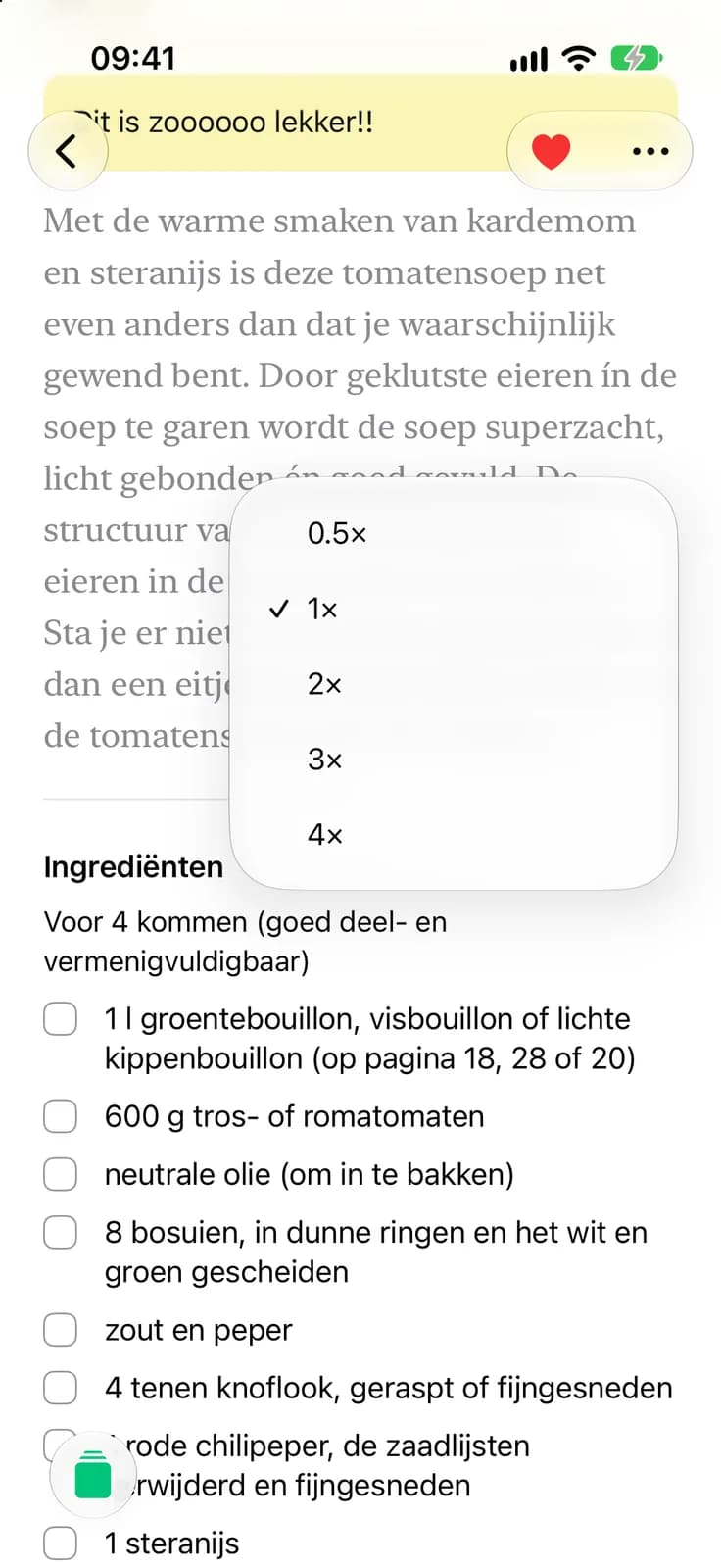 The scale menu open over a soup recipe’s ingredients, offering half, one, two, three or four times the amounts