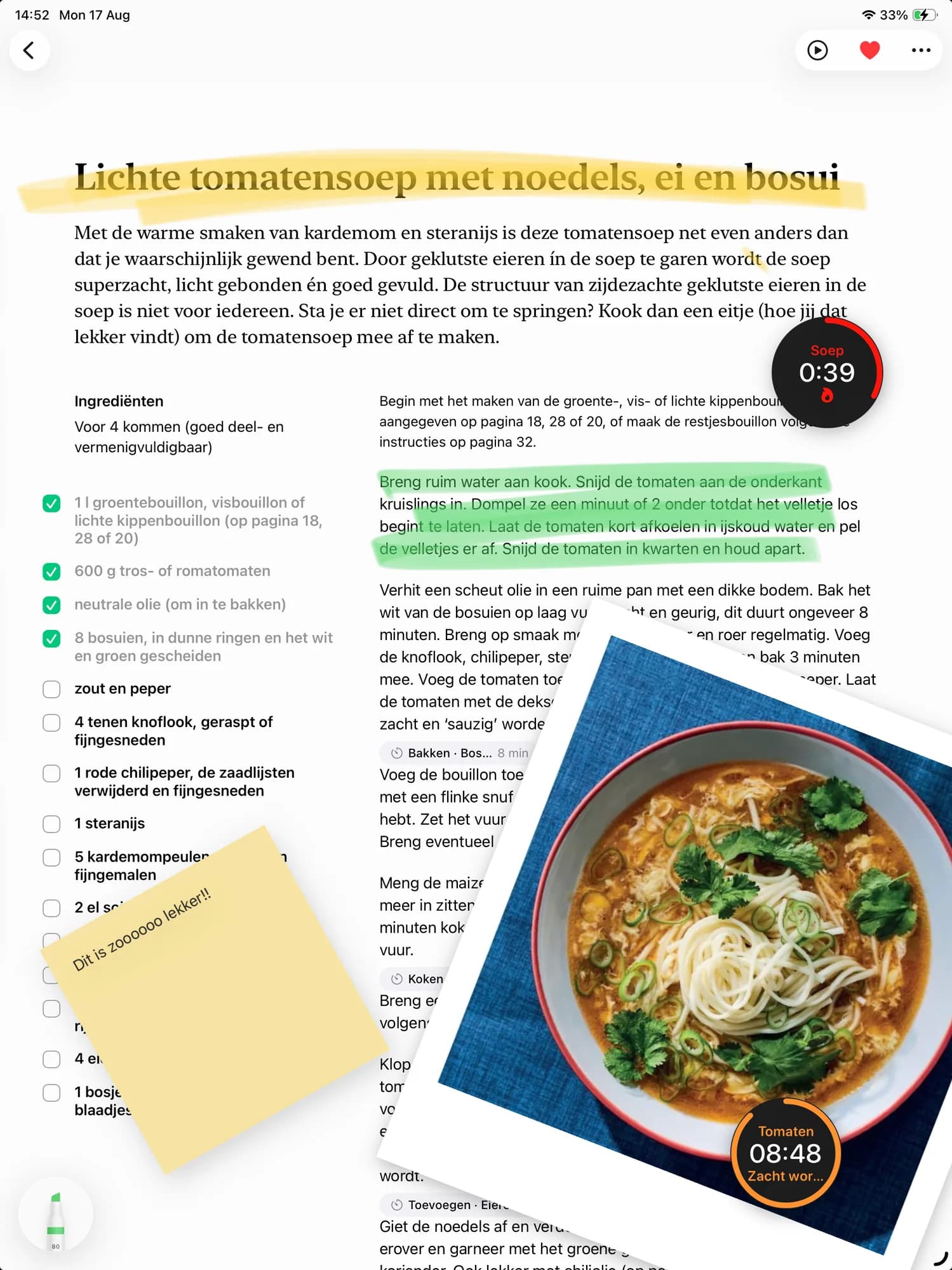 CookCook on iPad, showing a recipe with its ingredient checklist, cooking timers and a handwritten note
