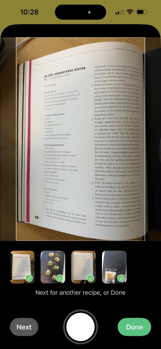 Capturing recipes from a cookbook