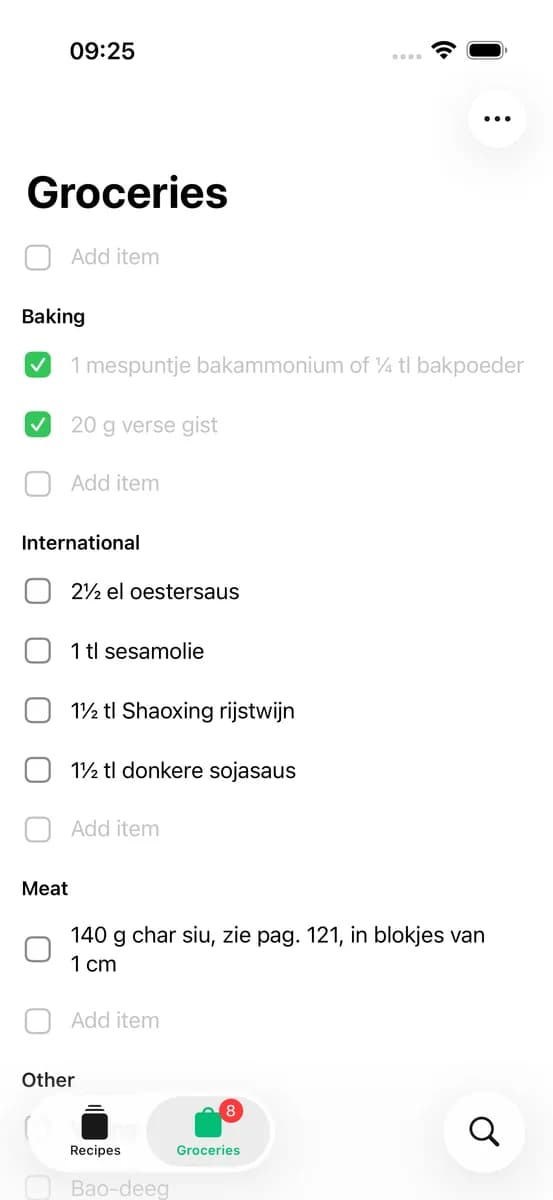 Grocery list with checkable items